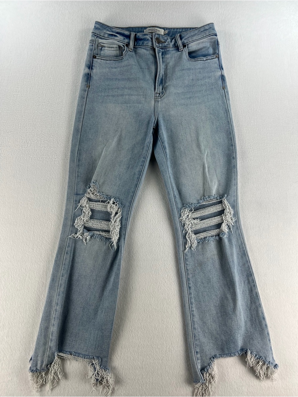 Light Wash Distressed Flare Jeans - Women's